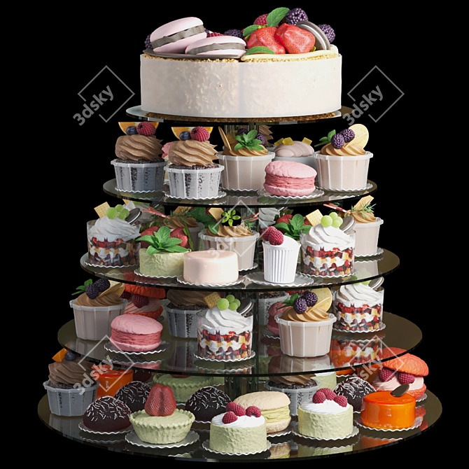 Wedding Dessert Set: Chocolate Cake Cupcake Pie Muffin Macarons 3D model image 1