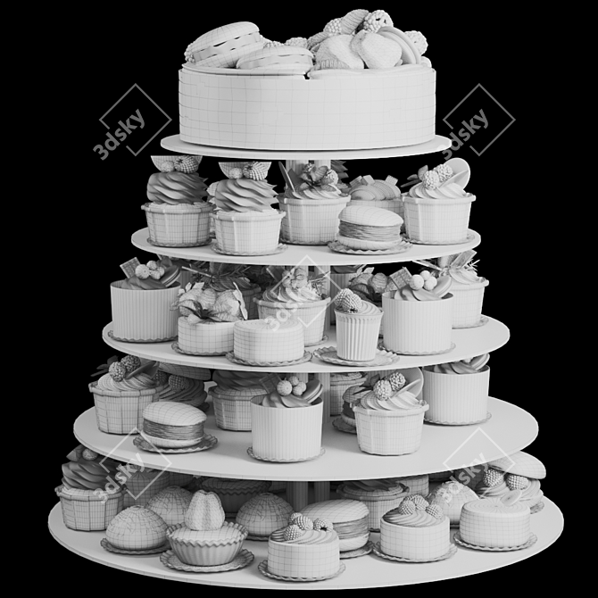 Wedding Dessert Set: Chocolate Cake Cupcake Pie Muffin Macarons 3D model image 2