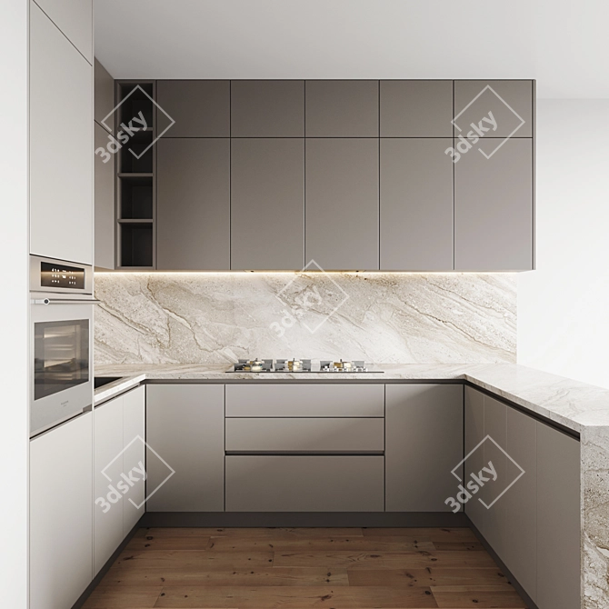 Modern Kitchen Set - Gas Hob, Oven, Sink & Hood 3D model image 2