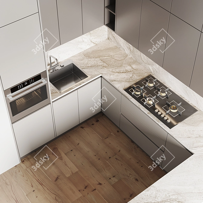 Modern Kitchen Set - Gas Hob, Oven, Sink & Hood 3D model image 3