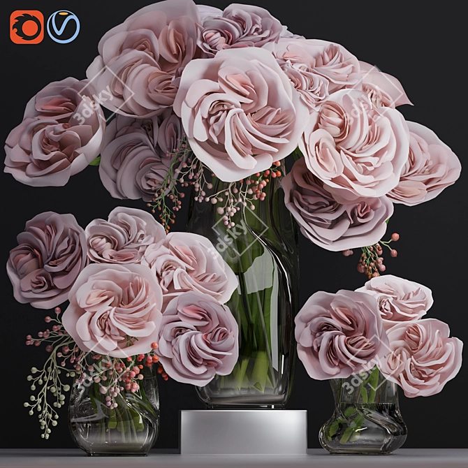 Premium Ohara Garden Rose Bouquet with Decor Glass Vase 3D model image 4