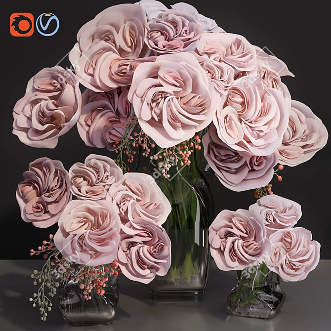 Premium Ohara Garden Rose Bouquet with Decor Glass Vase 3D model image 5