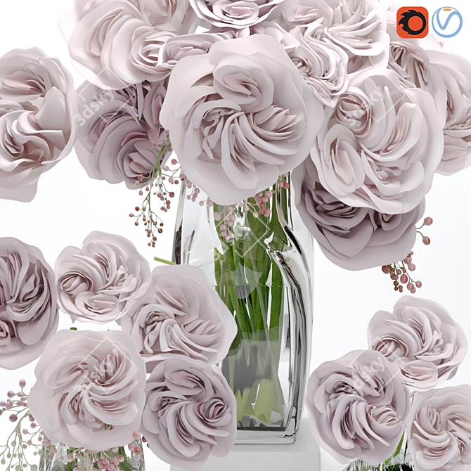 Premium Ohara Garden Rose Bouquet with Decor Glass Vase 3D model image 8