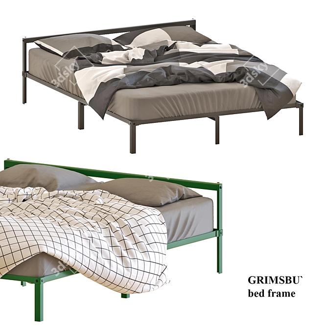 GRIMSBU Queen Bed - Gray/Green - Stylish and Versatile 3D model image 1