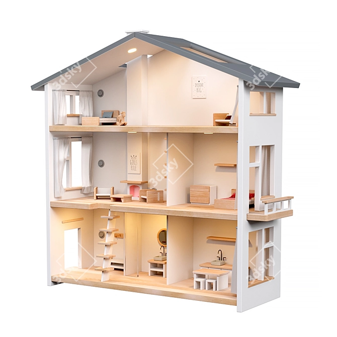 Nordic Style Three-story Dollhouse with Light 3D model image 1