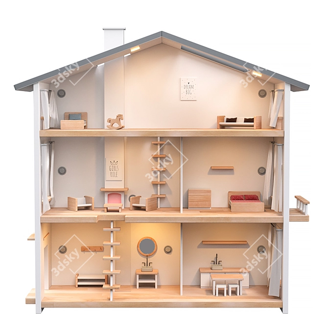 Nordic Style Three-story Dollhouse with Light 3D model image 2