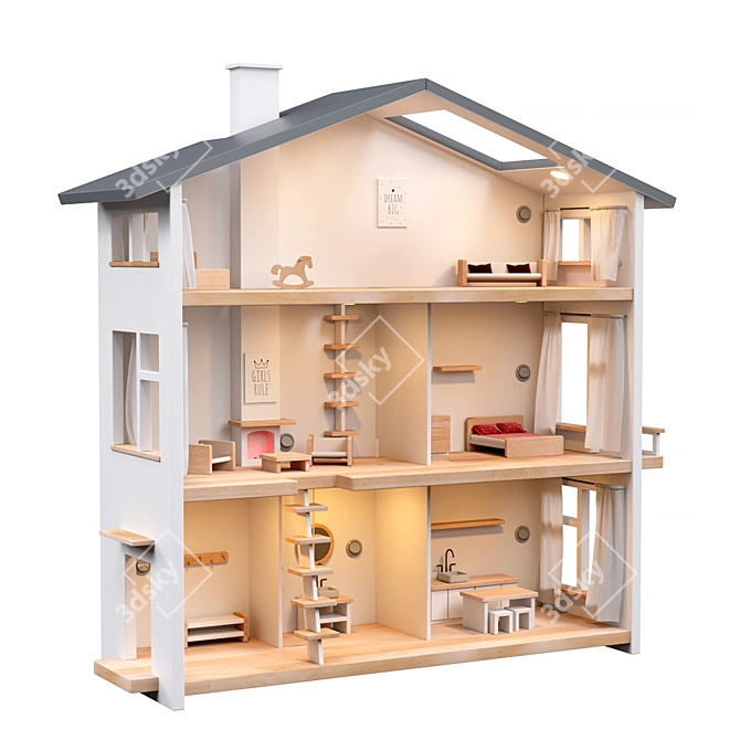 Nordic Style Three-story Dollhouse with Light 3D model image 3