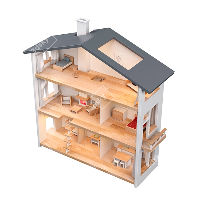 Nordic Style Three-story Dollhouse with Light 3D model image 4