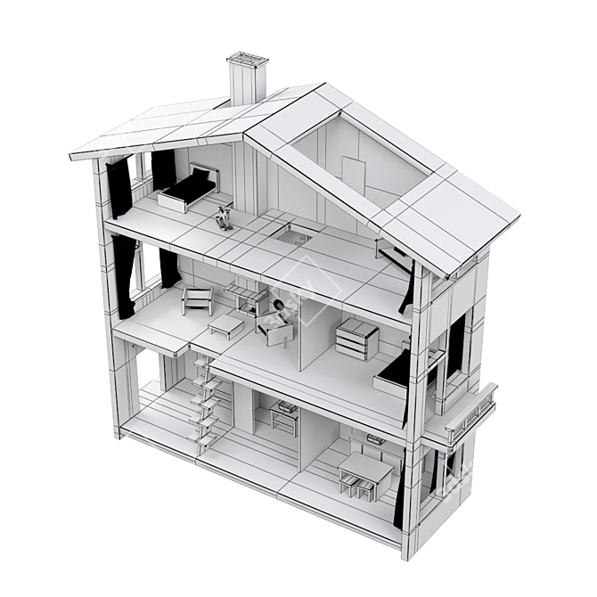 Nordic Style Three-story Dollhouse with Light 3D model image 5