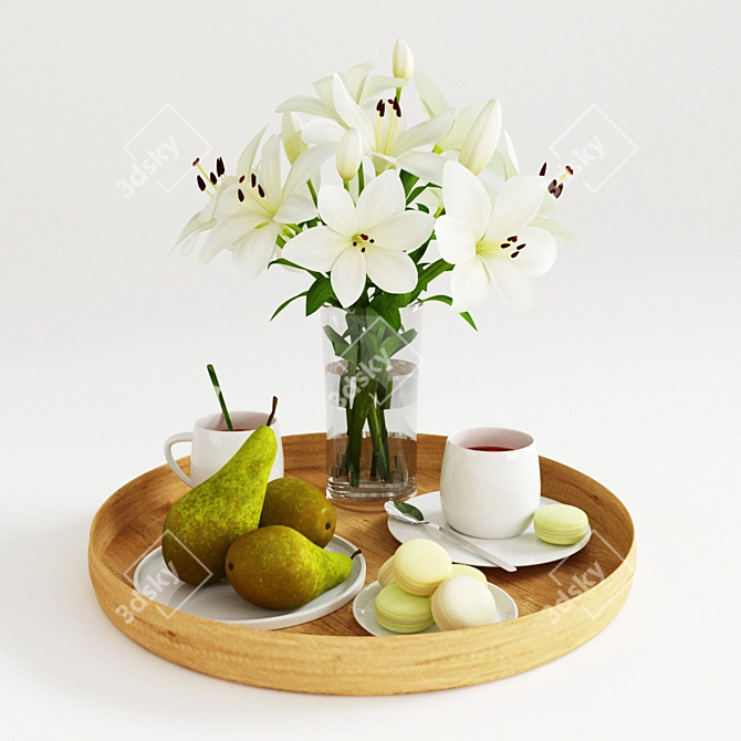 Morning Bliss: Breakfast Tray, Coffee & Macaroons 3D model image 3