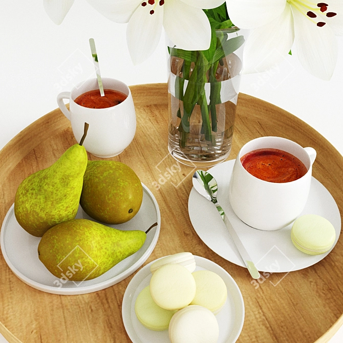 Morning Bliss: Breakfast Tray, Coffee & Macaroons 3D model image 4