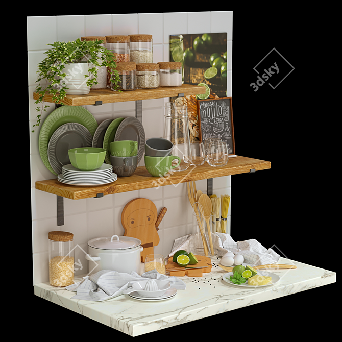 Kitchen Essentials Set: Cutting Board, Dinnerware, Pitcher, Glasses, Planter 3D model image 4