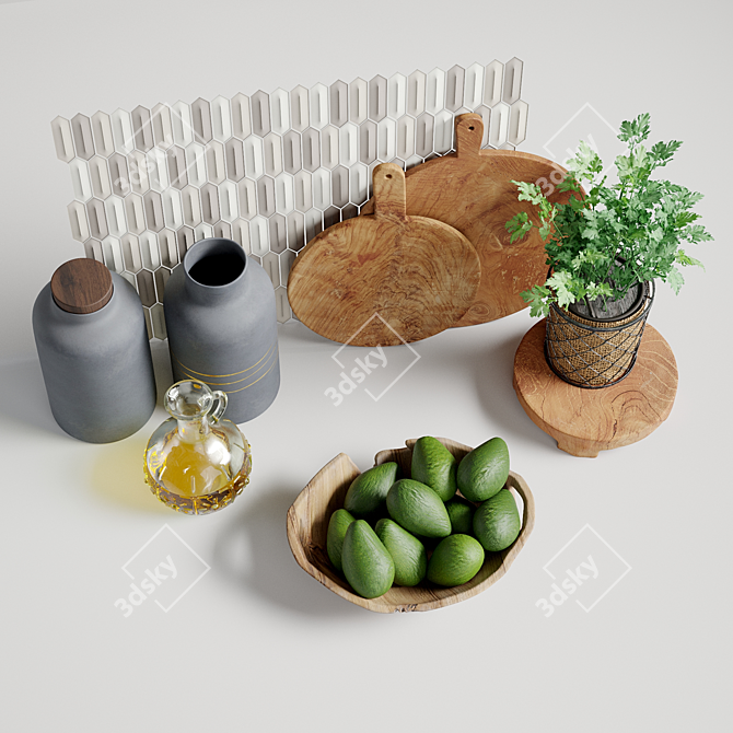 Teak Kitchen Decor Set with Mosaic Glazed Ceramic 3D model image 2