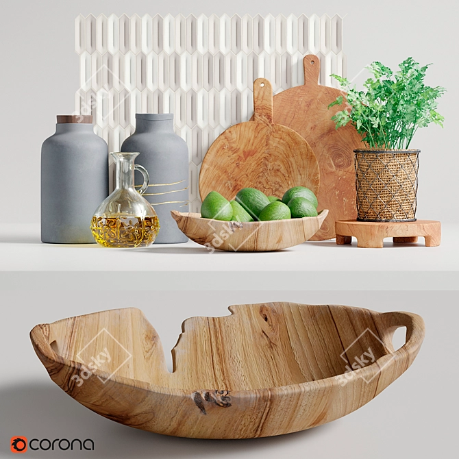 Teak Kitchen Decor Set with Mosaic Glazed Ceramic 3D model image 5