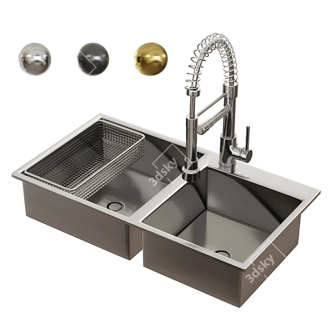 Versatile Double Bowl Sink: Golden, Stainless Steel, Black 3D model image 1