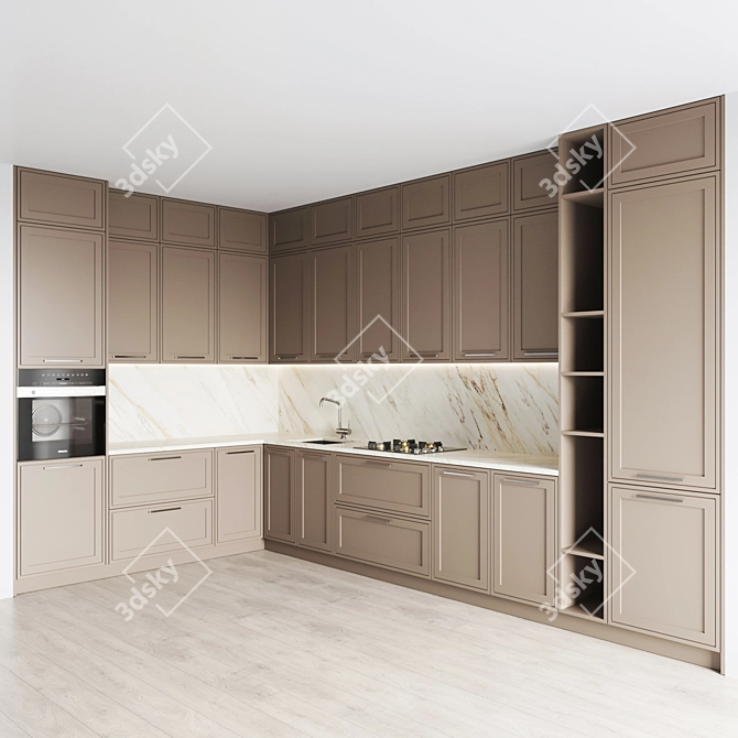 Modern Kitchen Set with Gas Hob, Oven, Sink & Hood 3D model image 2