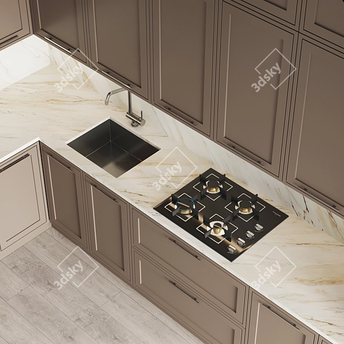 Modern Kitchen Set with Gas Hob, Oven, Sink & Hood 3D model image 4