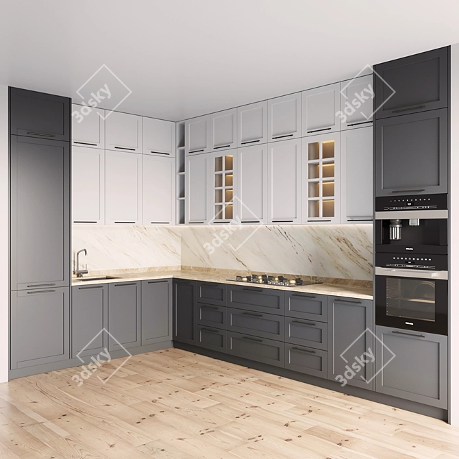 Modern Kitchen 076 with Gas Hob, Oven, Coffee Machine 3D model image 1