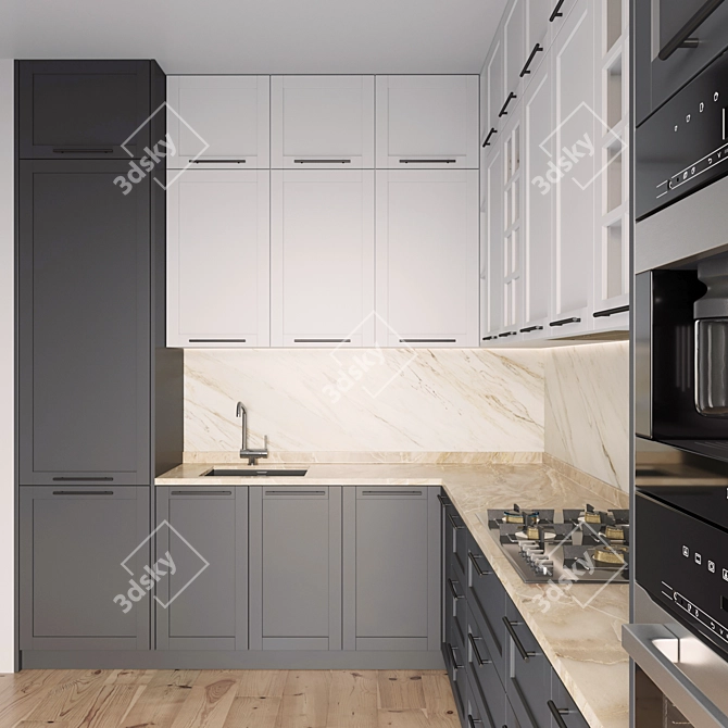 Modern Kitchen 076 with Gas Hob, Oven, Coffee Machine 3D model image 3