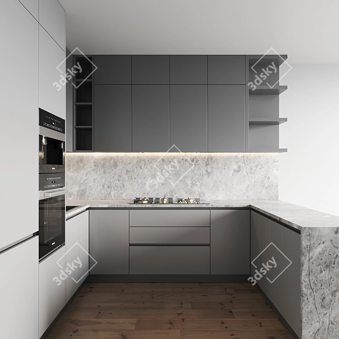 Modern Kitchen 079: Gas Hob, Oven, Coffee Machine, Sink & Hood 3D model image 2