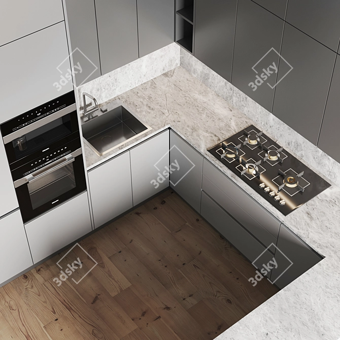 Modern Kitchen 079: Gas Hob, Oven, Coffee Machine, Sink & Hood 3D model image 3