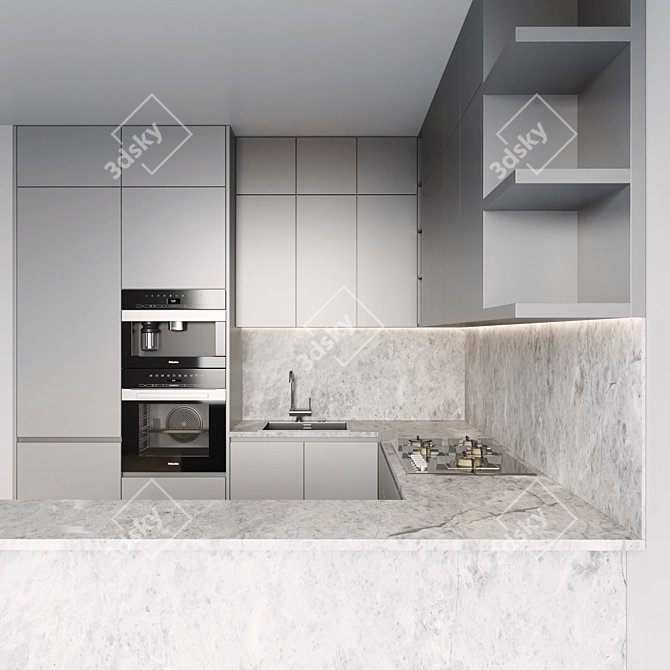 Modern Kitchen 079: Gas Hob, Oven, Coffee Machine, Sink & Hood 3D model image 4