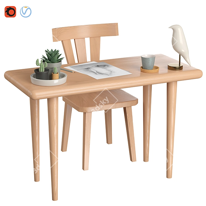 Wooden Table Set: Stylish and Functional 3D model image 1