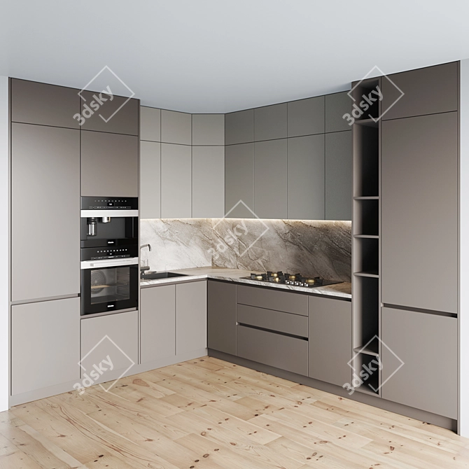 Modern Kitchen Set: Gas Hob, Oven, Coffee Machine, Sink & Hood 3D model image 1
