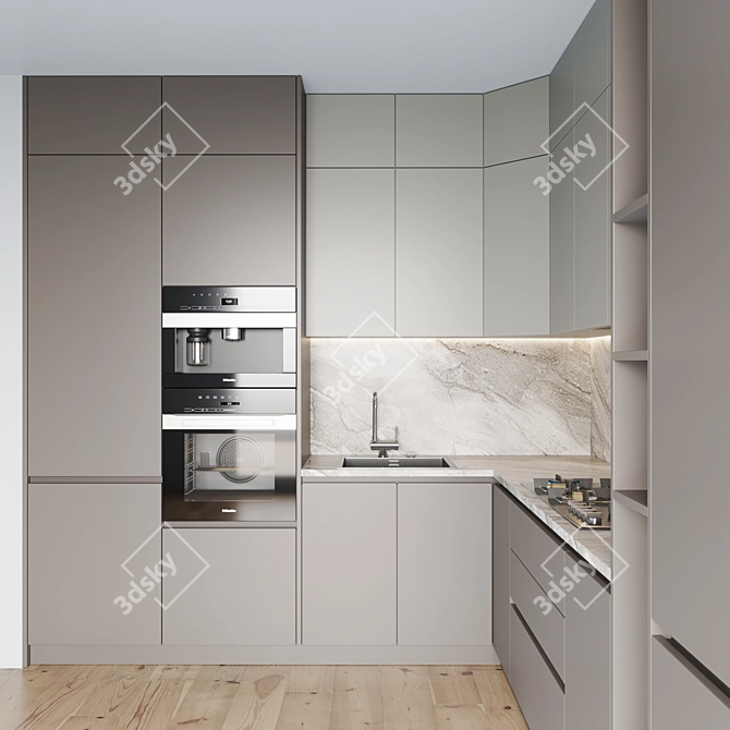 Modern Kitchen Set: Gas Hob, Oven, Coffee Machine, Sink & Hood 3D model image 2