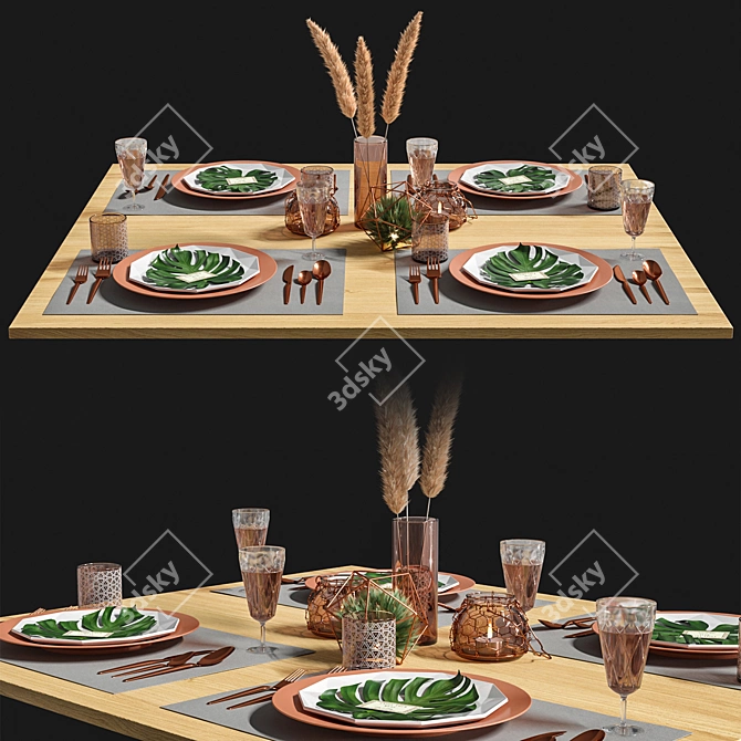 Elegant Leaf-themed Table Setting 3D model image 1