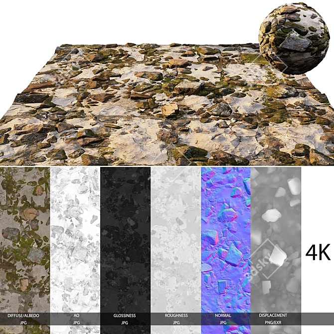 Natural Mossy Gravel Ground: Textured Mixed Stone Texture 3D model image 1