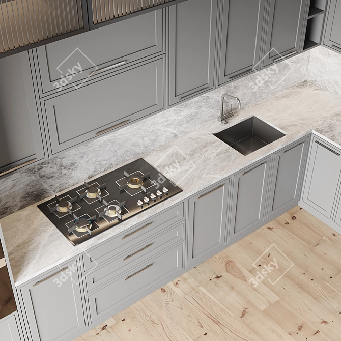Modern Kitchen Set - Gas Hob, Oven, Coffee Machine, Sink, Hood 3D model image 3