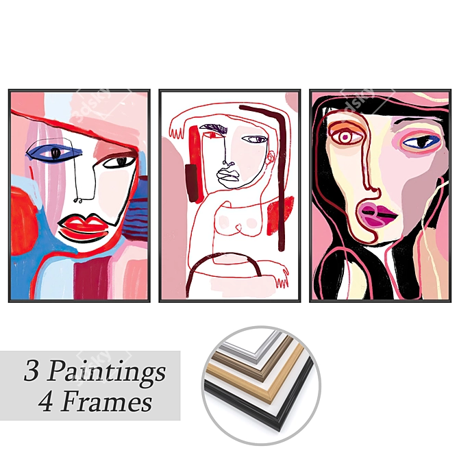 3-Piece Wall Paintings Set with Frame Options 3D model image 1