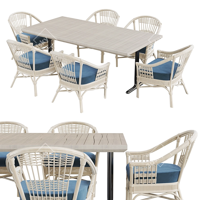 White Rattan Table Set 3D model image 1