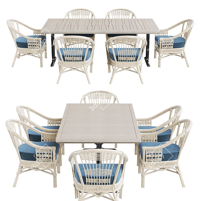 White Rattan Table Set 3D model image 2