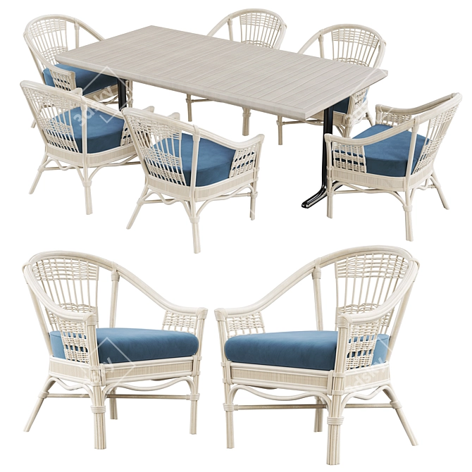 White Rattan Table Set 3D model image 4