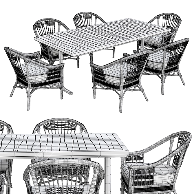 White Rattan Table Set 3D model image 6