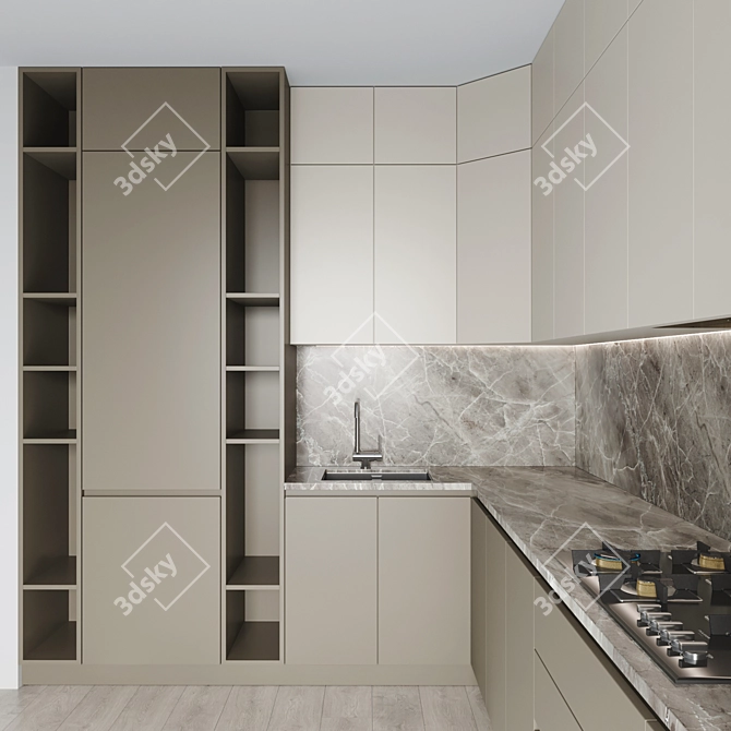 Sleek Kitchen 089: Gas Hob, Oven, Coffee Machine, Sink & Hood 3D model image 3