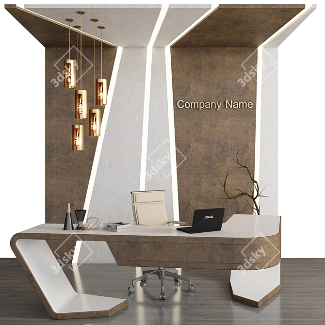 Modern Reception Desk with ASUS Laptop, Chair, Chandelier, Vase & Panel 3D model image 1