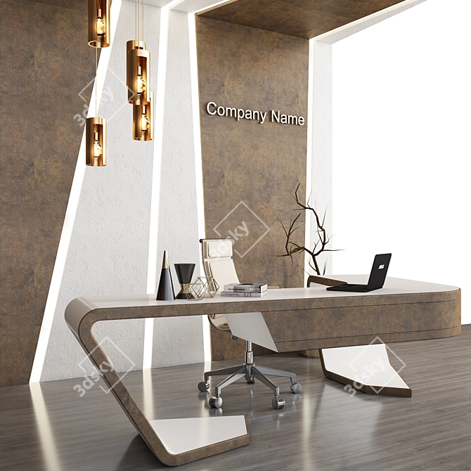 Modern Reception Desk with ASUS Laptop, Chair, Chandelier, Vase & Panel 3D model image 2