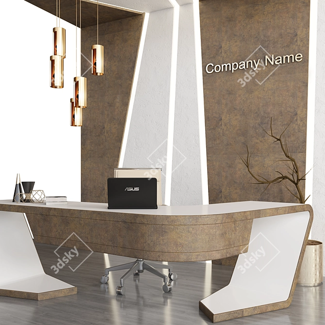 Modern Reception Desk with ASUS Laptop, Chair, Chandelier, Vase & Panel 3D model image 3