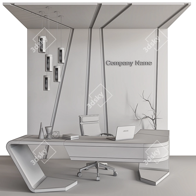 Modern Reception Desk with ASUS Laptop, Chair, Chandelier, Vase & Panel 3D model image 4