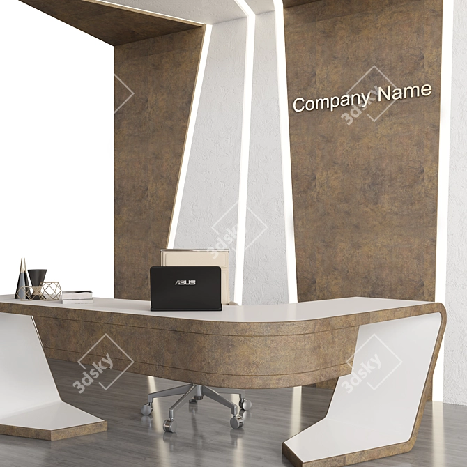 Modern Reception Desk with ASUS Laptop, Chair, Chandelier, Vase & Panel 3D model image 7