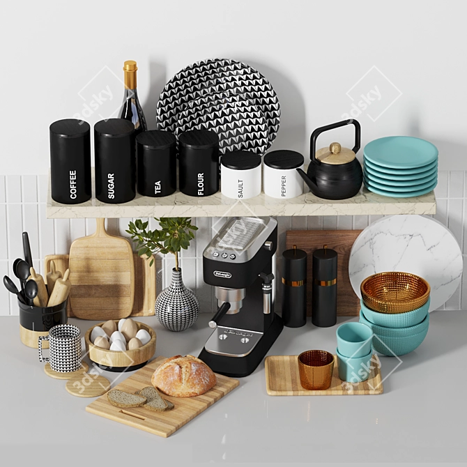 Kitchen Decor Set: Dishes, Bread, Cutting Boards, Containers 3D model image 5