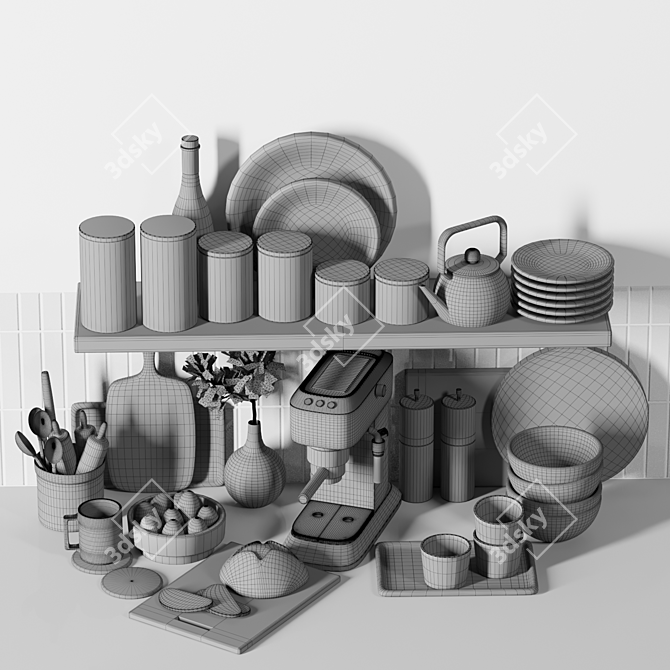 Kitchen Decor Set: Dishes, Bread, Cutting Boards, Containers 3D model image 7