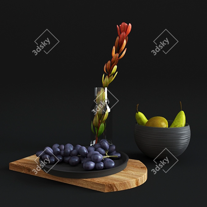 Scandi Fruit Set: Grapes, Pears & Glass 3D model image 2