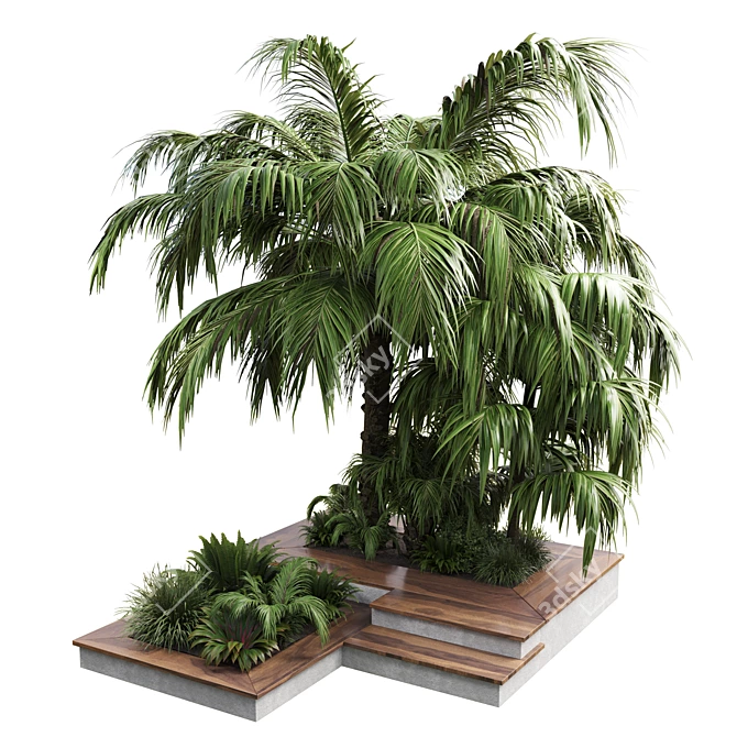 Outdoor Garden Pot Collection - Palm Tree, Bush, Fern, Grass in Concrete Vase 3D model image 1