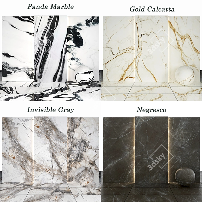 Marble Collection: Gold Calacatta, Panda, Invisible Gray, Negresco 3D model image 2