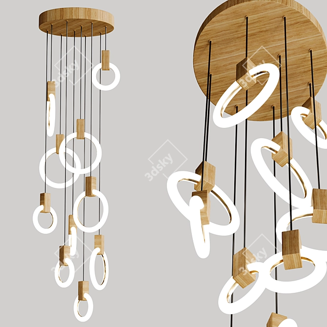 Elegant Wooden Acrylic Ring Chandelier 3D model image 1