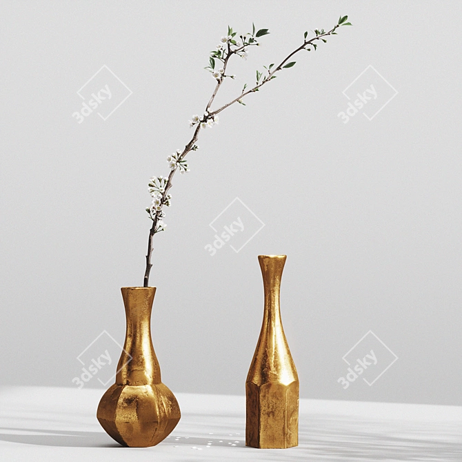 Elegant Aluminum Vases with Cherry Branch 3D model image 1